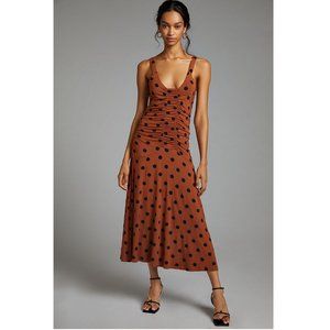 NEW Anthropologie Maeve Ruched Midi Dress Brown Polka Drop Sleeveless Brown Rust